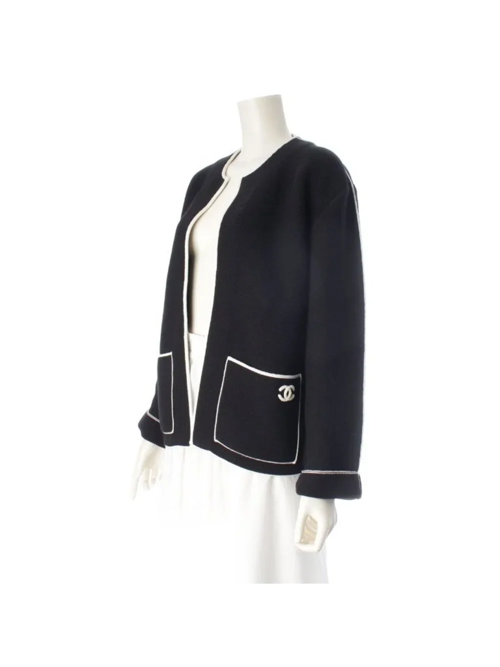 Chanel CC Logo Knit Collarless Jacket Black White 38